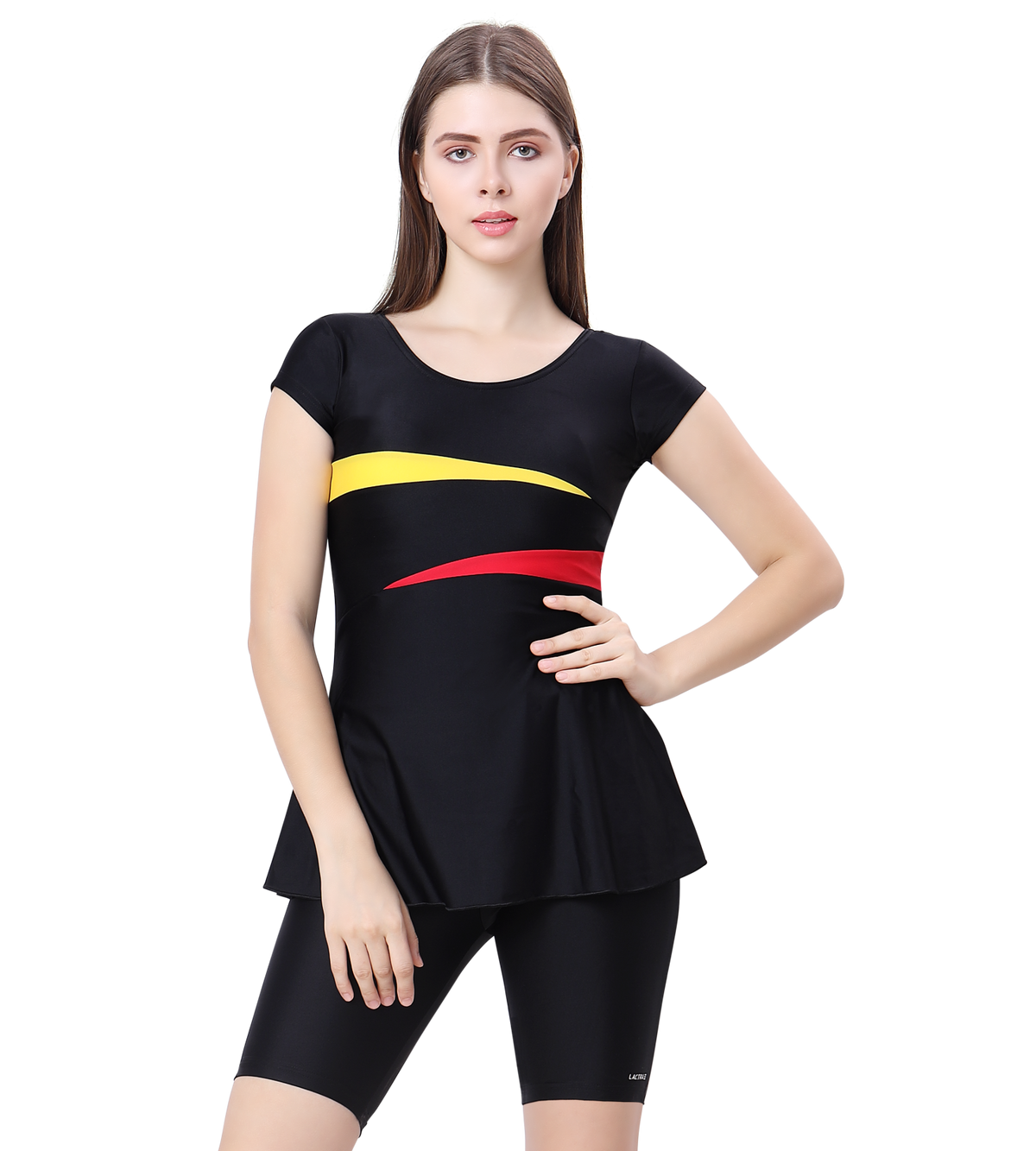 LACTRA U-BACK SWIMDRESS SLEEVE WITH CONTRAST SIDE PANEL, KNEE  LEG