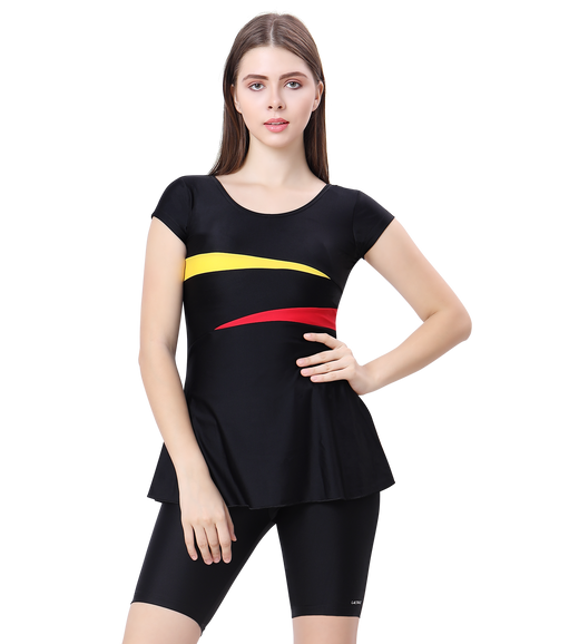 LACTRA U-BACK SWIMDRESS SLEEVE WITH CONTRAST SIDE PANEL, KNEE  LEG