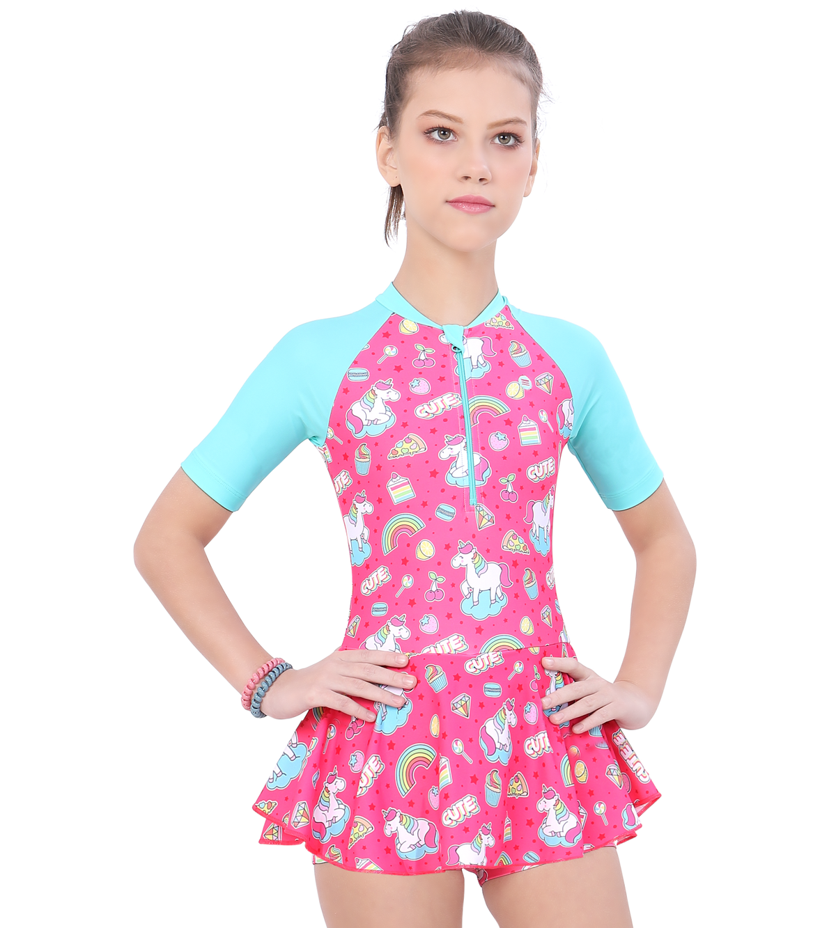 LACTRA CLOSE BACK PRINTED SWIMDRESS CONTRAST SLEEVE AND FRONT ZIP - UNICORN