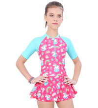 LACTRA CLOSE BACK PRINTED SWIMDRESS CONTRAST SLEEVE AND FRONT ZIP - UNICORN