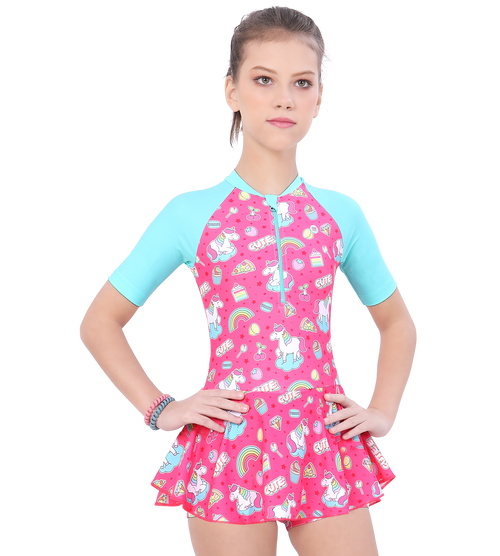 LACTRA CLOSE BACK PRINTED SWIMDRESS CONTRAST SLEEVE AND FRONT ZIP - UNICORN
