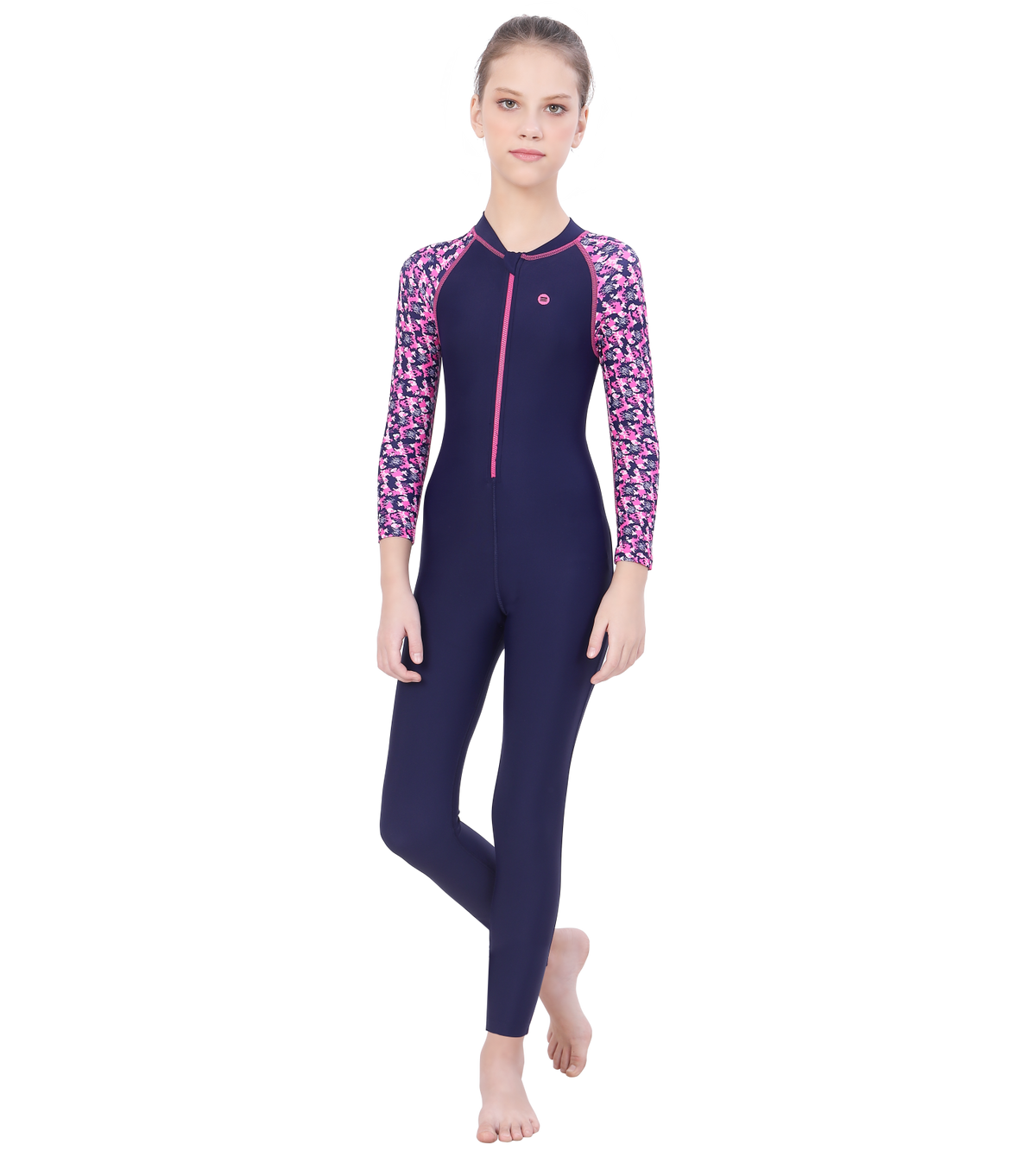 LACTRA FRONT ZIP FULL BODYSUIT WITH PRINTED SLEEVE - NAVY