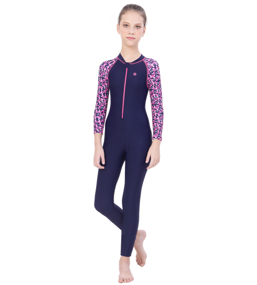LACTRA FRONT ZIP FULL BODYSUIT WITH PRINTED SLEEVE - NAVY