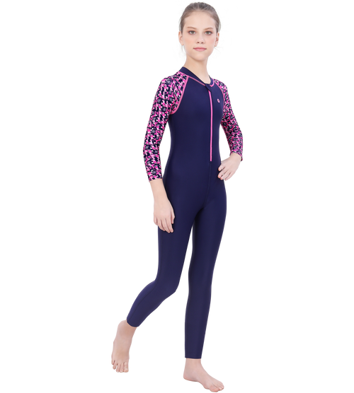 LACTRA FRONT ZIP FULL BODYSUIT WITH PRINTED SLEEVE - NAVY