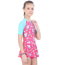 LACTRA CLOSE BACK PRINTED SWIMDRESS CONTRAST SLEEVE AND FRONT ZIP - UNICORN
