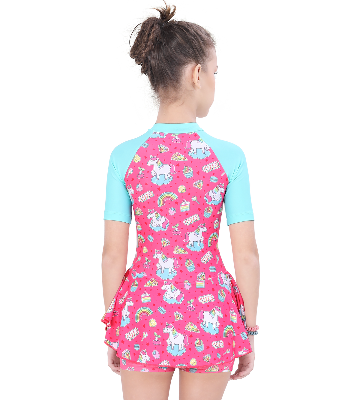 LACTRA CLOSE BACK PRINTED SWIMDRESS CONTRAST SLEEVE AND FRONT ZIP - UNICORN