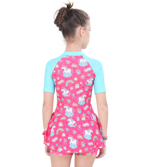 LACTRA CLOSE BACK PRINTED SWIMDRESS CONTRAST SLEEVE AND FRONT ZIP - UNICORN