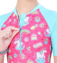 LACTRA CLOSE BACK PRINTED SWIMDRESS CONTRAST SLEEVE AND FRONT ZIP - UNICORN