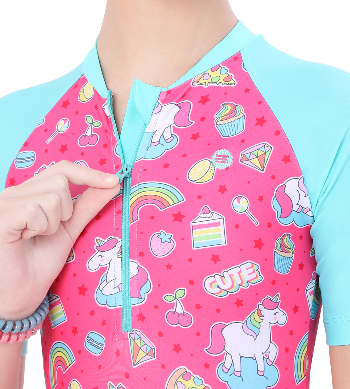 LACTRA CLOSE BACK PRINTED SWIMDRESS CONTRAST SLEEVE AND FRONT ZIP - UNICORN