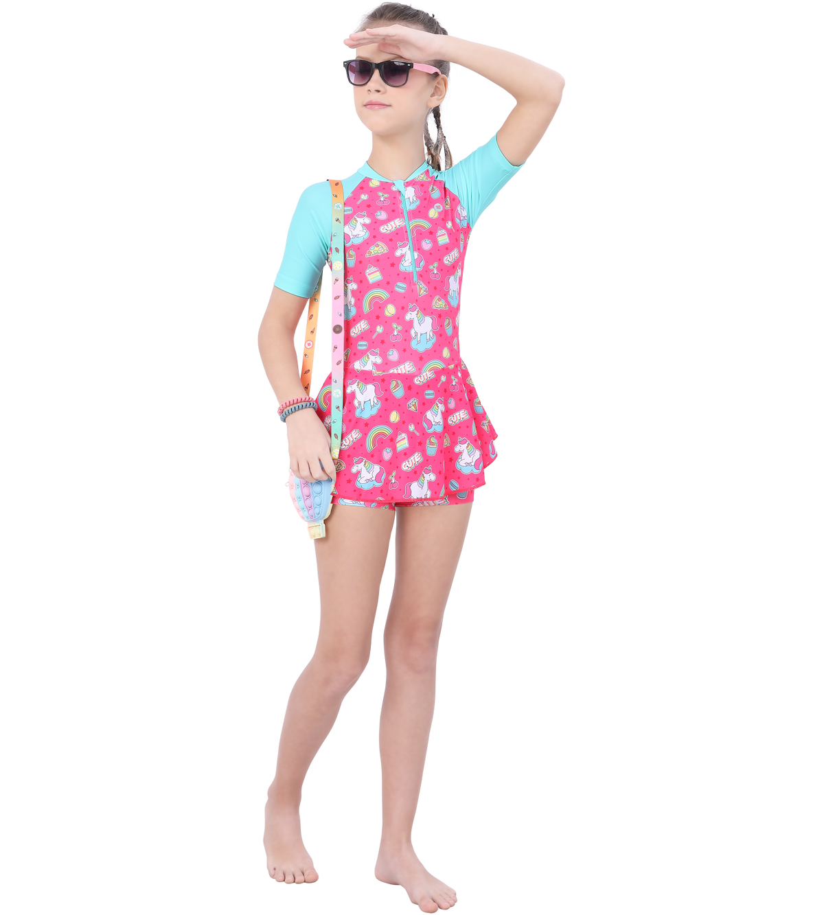 LACTRA CLOSE BACK PRINTED SWIMDRESS CONTRAST SLEEVE AND FRONT ZIP - UNICORN