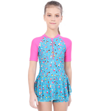 LACTRA CLOSE BACK PRINTED SWIMDRESS CONTRAST SLEEVE AND FRONT ZIP LEAF