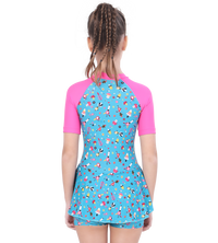 LACTRA CLOSE BACK PRINTED SWIMDRESS CONTRAST SLEEVE AND FRONT ZIP LEAF