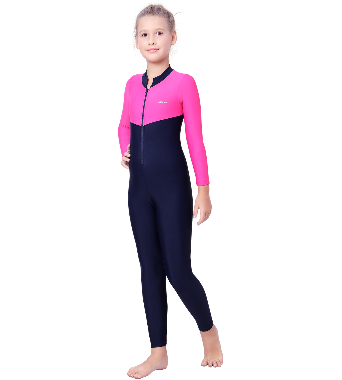 LACTRA FRONT ZIP FULL BODYSUIT WITH CONTRAST SLEEVE