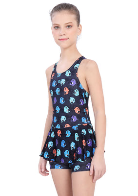 RECER-BACK SWIMDRESS ALL OVER PRINTED WITH BOYLEG