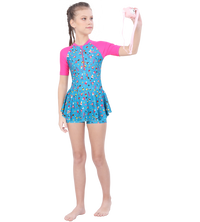 LACTRA CLOSE BACK PRINTED SWIMDRESS CONTRAST SLEEVE AND FRONT ZIP LEAF