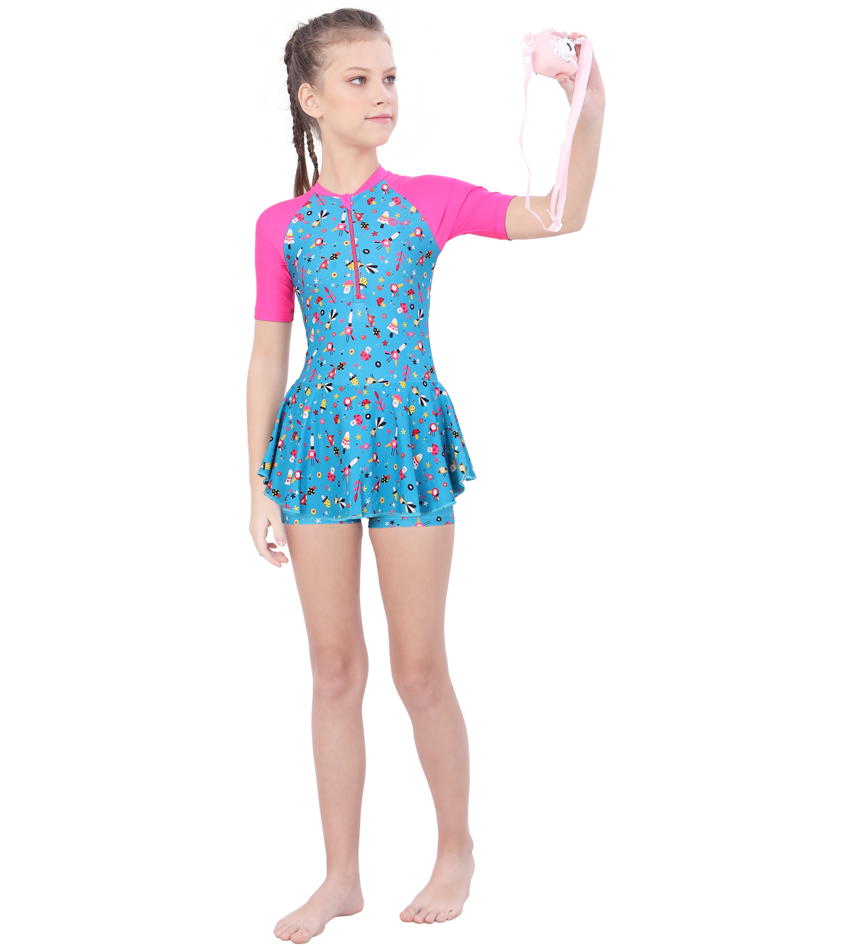 LACTRA CLOSE BACK PRINTED SWIMDRESS CONTRAST SLEEVE AND FRONT ZIP LEAF