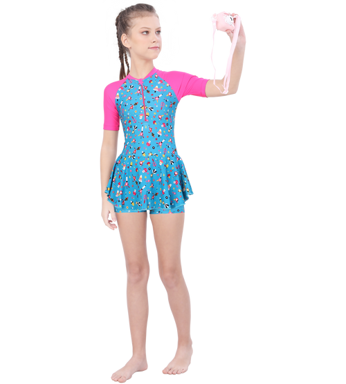 LACTRA CLOSE BACK PRINTED SWIMDRESS CONTRAST SLEEVE AND FRONT ZIP LEAF