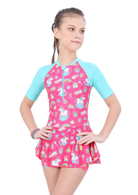 Close Back Printed swimdress ( contrast Slive and front zip )