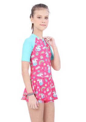 Close Back Printed swimdress ( contrast Slive and front zip )