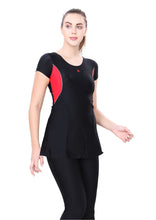 Load image into Gallery viewer, U-BACK SWIMDRESS SLEEVE WITH CONTRAST SIDE PANEL, KNEE  LEG