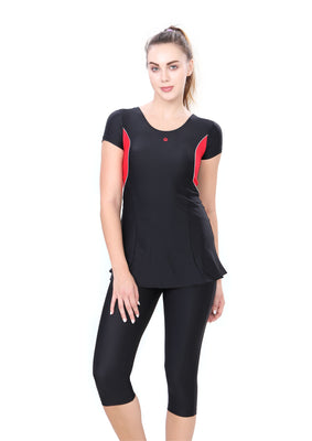 U-BACK SWIMDRESS SLEEVE WITH CONTRAST SIDE PANEL, KNEE  LEG