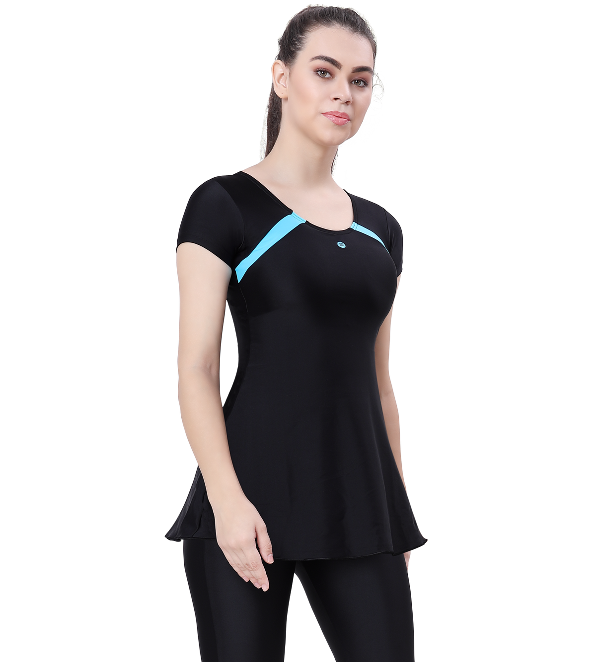 LACTRA U-BACK SWIMDRESS SLEEVE WITH CONTRAST SIDE PANEL,KNEE LEG