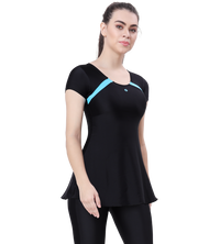 LACTRA U-BACK SWIMDRESS SLEEVE WITH CONTRAST SIDE PANEL,KNEE LEG