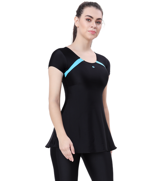 LACTRA U-BACK SWIMDRESS SLEEVE WITH CONTRAST SIDE PANEL,KNEE LEG
