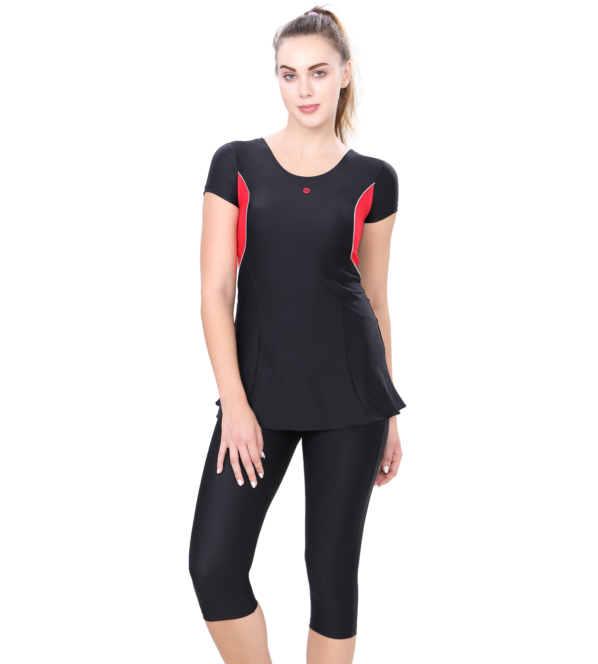 LACTRA U-BACK SWIMDRESS SLEEVE WITH CONTRAST SIDE PANEL, KNEE  LEG