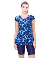 U BACK PRINTED SWIMDRESS SLEEVE WITH CONTRAST UPPER KNEE LEG