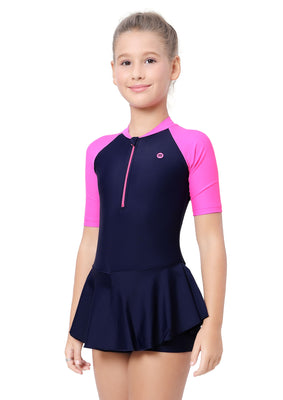 Close Back swimdress ( contrast Sleeve and front zip )