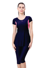 Load image into Gallery viewer, U-BACK SWIMDRESS SLEEVE WITH CONTRAST SIDE PANEL, KNEE  LEG