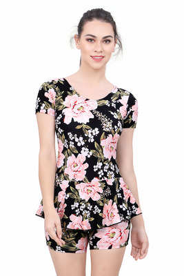 ALL OVER PRITEND  U-BACK SWIMDRESS (SLEEVE WITH BOYLEG)