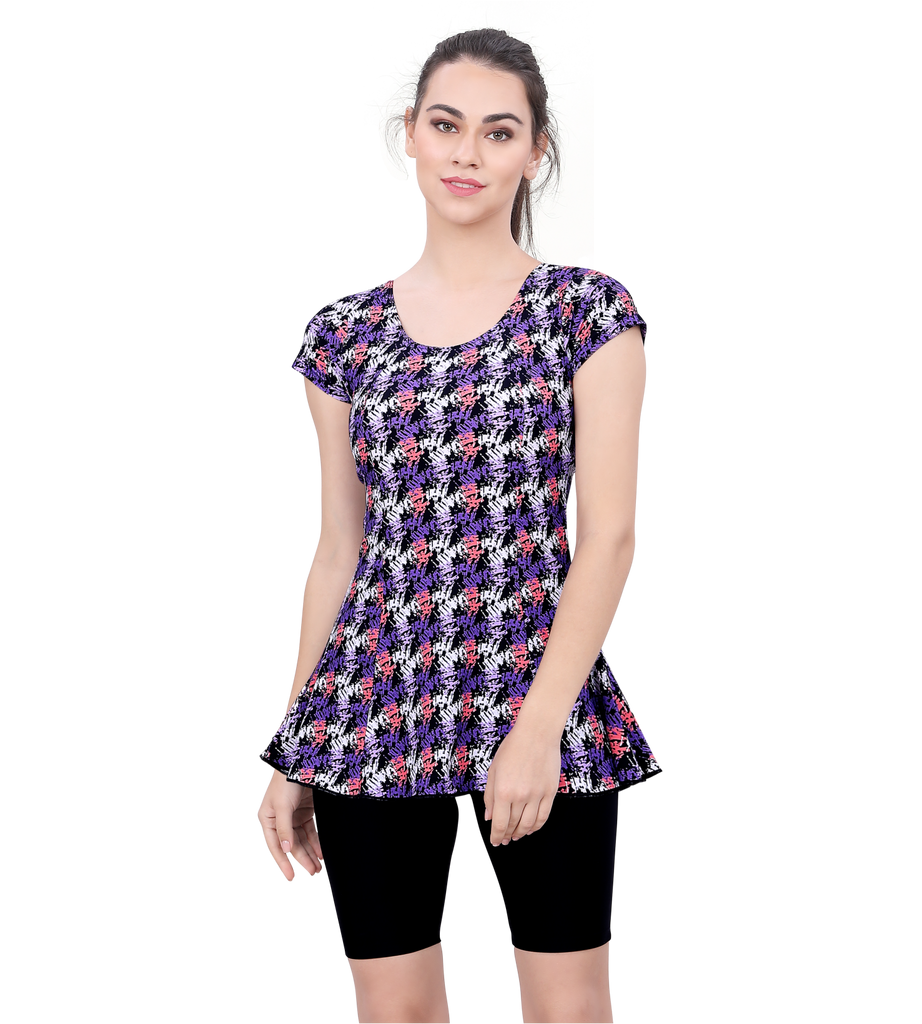 U BACK PRINTED SWIMDRESS (SLEEVE WITH CONTRAST UPPER KNEE LEG)