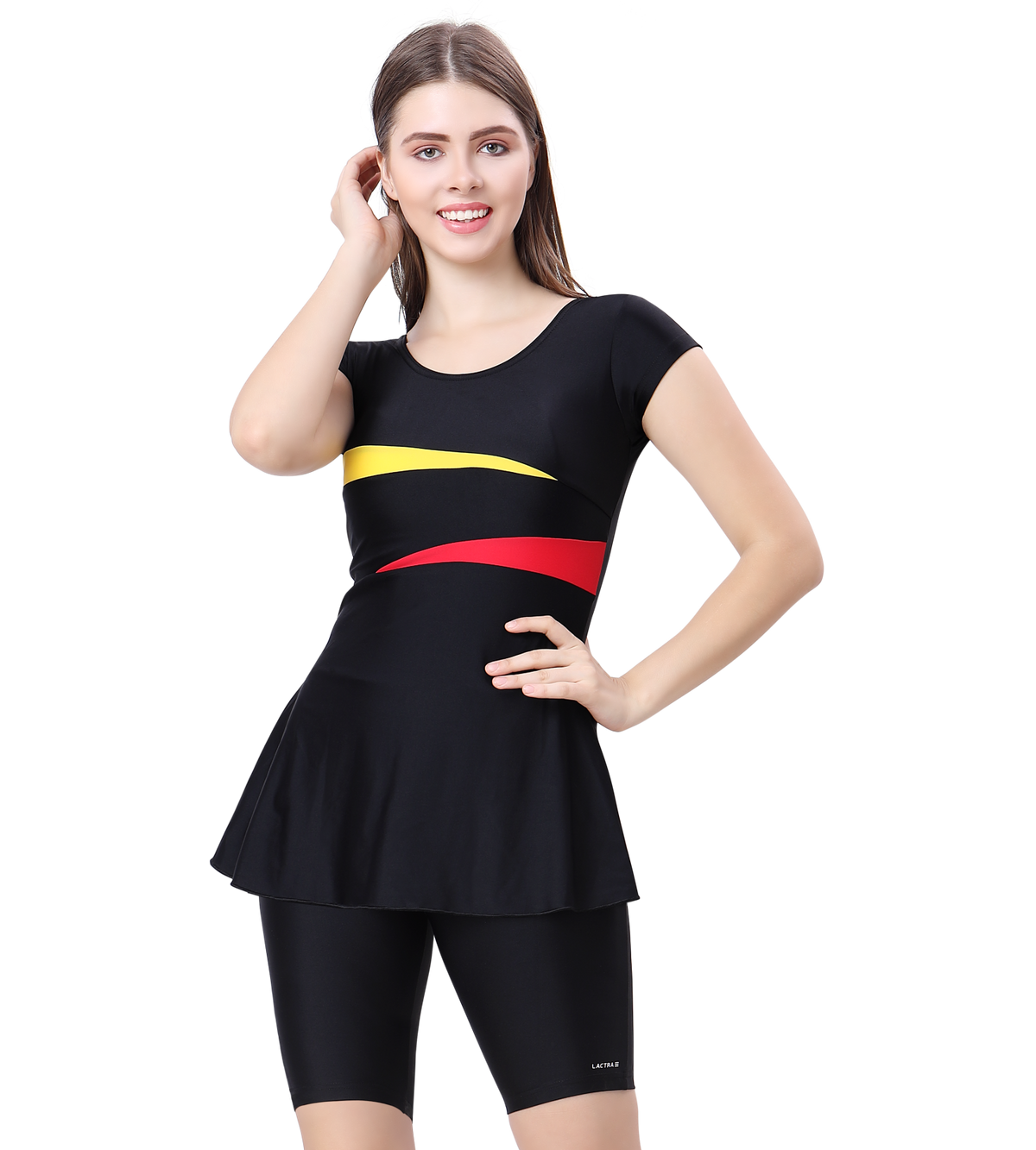LACTRA U-BACK SWIMDRESS SLEEVE WITH CONTRAST SIDE PANEL, KNEE  LEG