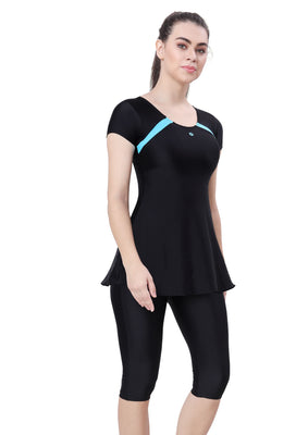 U- BACK SWIMDRESS ( SLEEVE WITH CONTRAST SIDE PANEL, KNEE LEG)