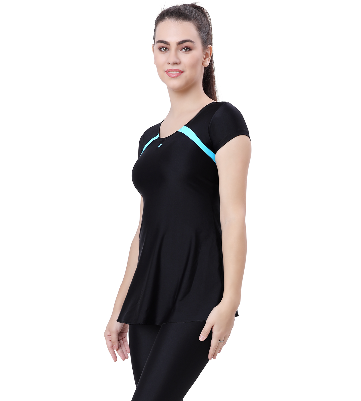 LACTRA U-BACK SWIMDRESS SLEEVE WITH CONTRAST SIDE PANEL,KNEE LEG