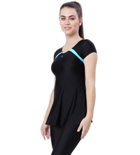 LACTRA U-BACK SWIMDRESS SLEEVE WITH CONTRAST SIDE PANEL,KNEE LEG