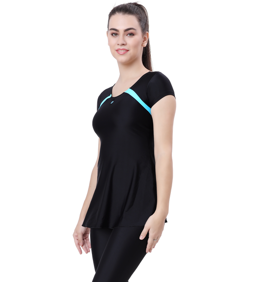 LACTRA U-BACK SWIMDRESS SLEEVE WITH CONTRAST SIDE PANEL,KNEE LEG