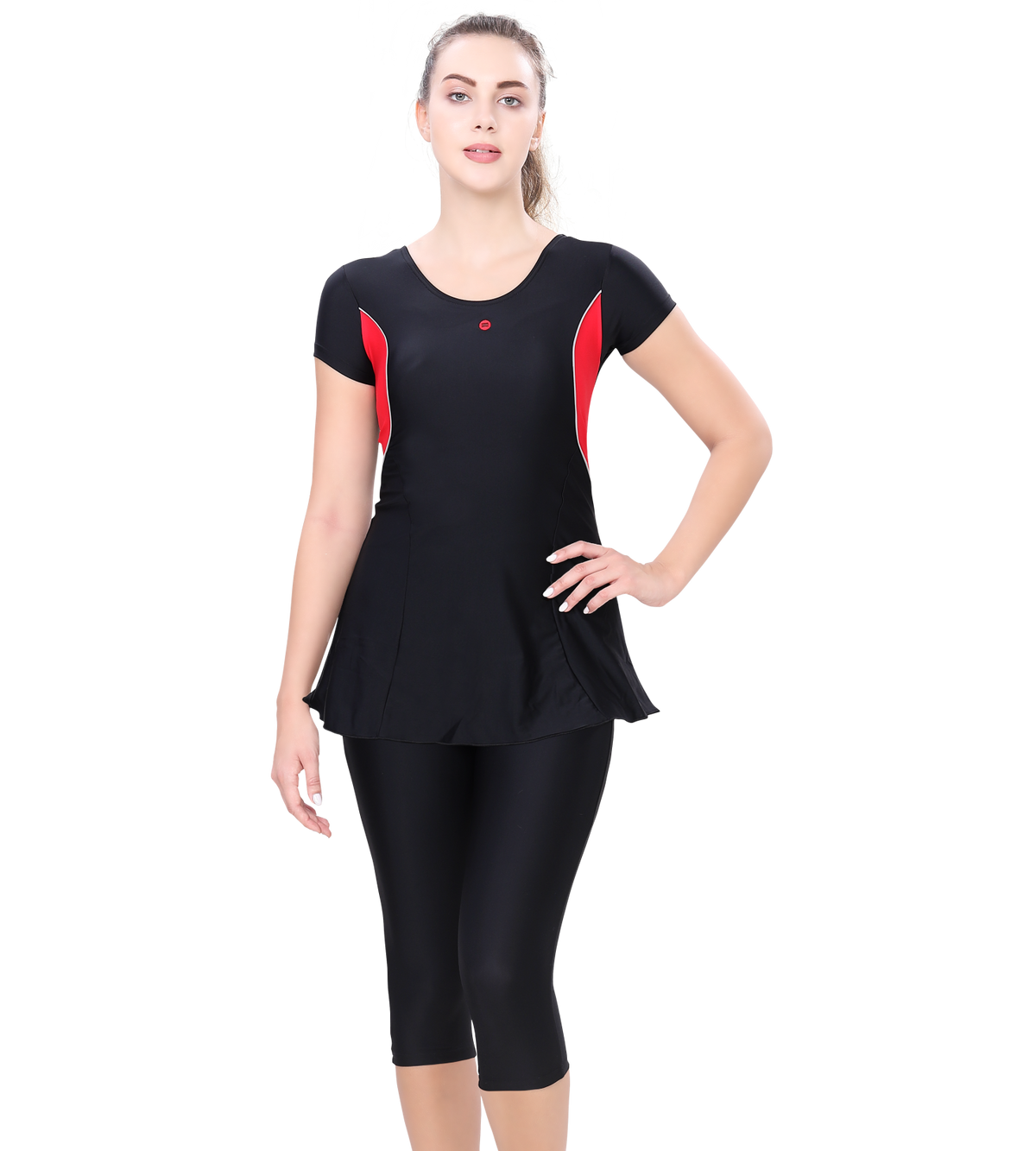 LACTRA U-BACK SWIMDRESS SLEEVE WITH CONTRAST SIDE PANEL, KNEE  LEG