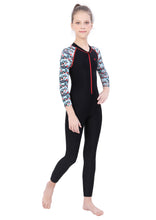 Load image into Gallery viewer, FRONT ZIP FULL BODYSUIT WITH PRINTED SLEEVE.
