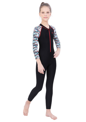 FRONT ZIP FULL BODYSUIT WITH PRINTED SLEEVE.