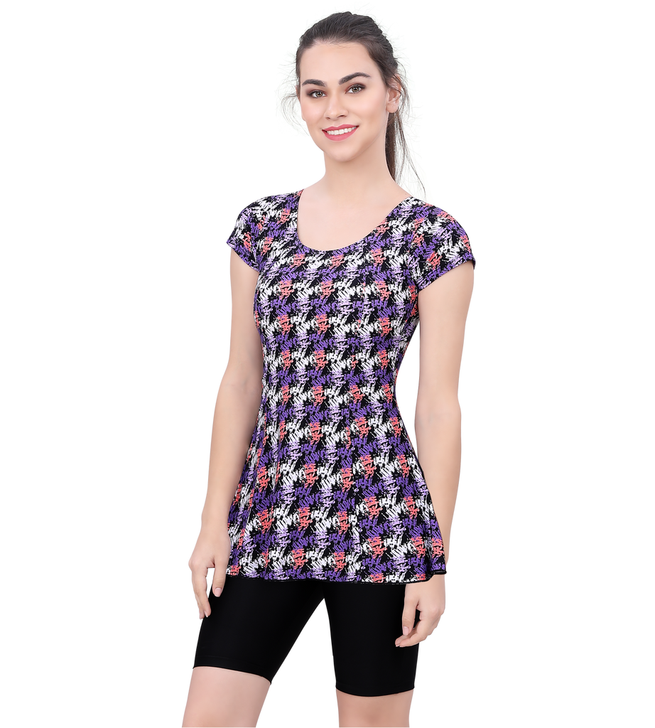 U BACK PRINTED SWIMDRESS (SLEEVE WITH CONTRAST UPPER KNEE LEG)