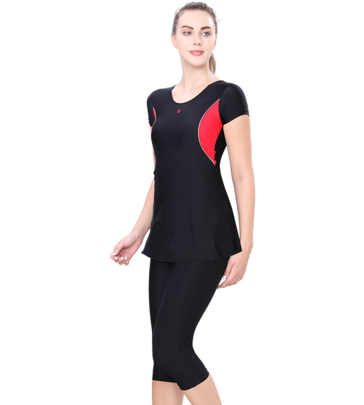 LACTRA U-BACK SWIMDRESS SLEEVE WITH CONTRAST SIDE PANEL, KNEE  LEG