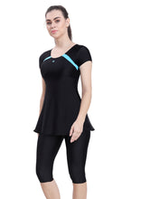 Load image into Gallery viewer, U- BACK SWIMDRESS ( SLEEVE WITH CONTRAST SIDE PANEL, KNEE LEG)