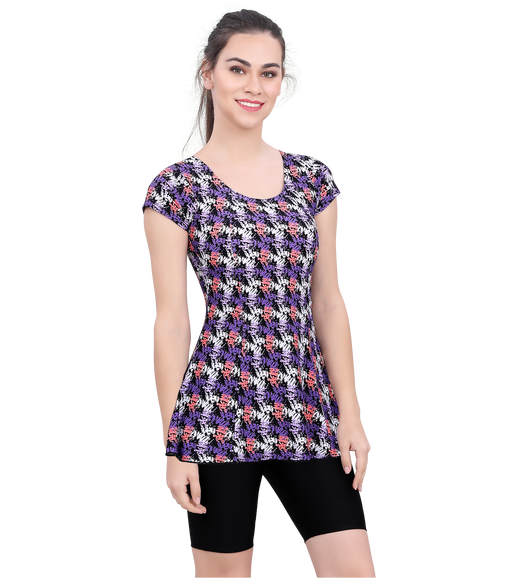 U BACK PRINTED SWIMDRESS SLEEVE WITH CONTRAST UPPER KNEE LEG