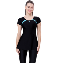 LACTRA U-BACK SWIMDRESS SLEEVE WITH CONTRAST SIDE PANEL,KNEE LEG