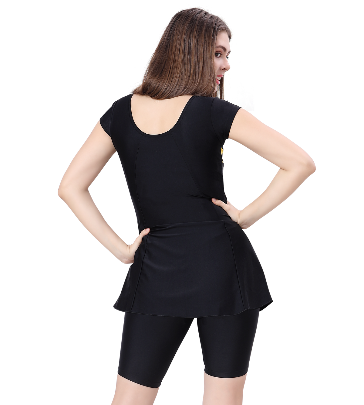 LACTRA U-BACK SWIMDRESS SLEEVE WITH CONTRAST SIDE PANEL, KNEE  LEG