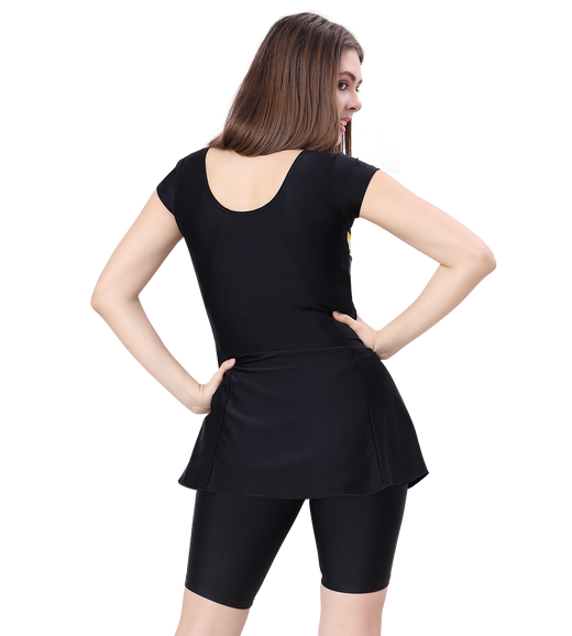 LACTRA U-BACK SWIMDRESS SLEEVE WITH CONTRAST SIDE PANEL, KNEE  LEG