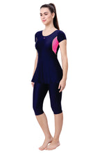 Load image into Gallery viewer, U-BACK SWIMDRESS SLEEVE WITH CONTRAST SIDE PANEL, KNEE  LEG
